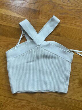 Aritzia Babaton Crossover Knit Crop Top in Light Grey — Size S